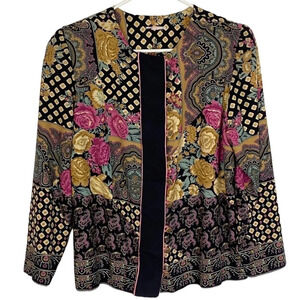 Vintage 80s 90s Blazer Jacket Womens Size Medium Large Floral Black Gold Pink